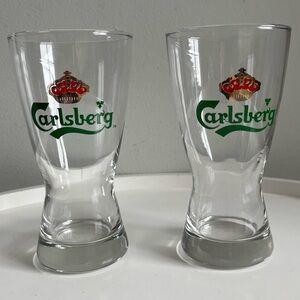 Set of 2 Vintage Carlsberg Pilsner Beer Glasses Logo Crown Emblem Barware